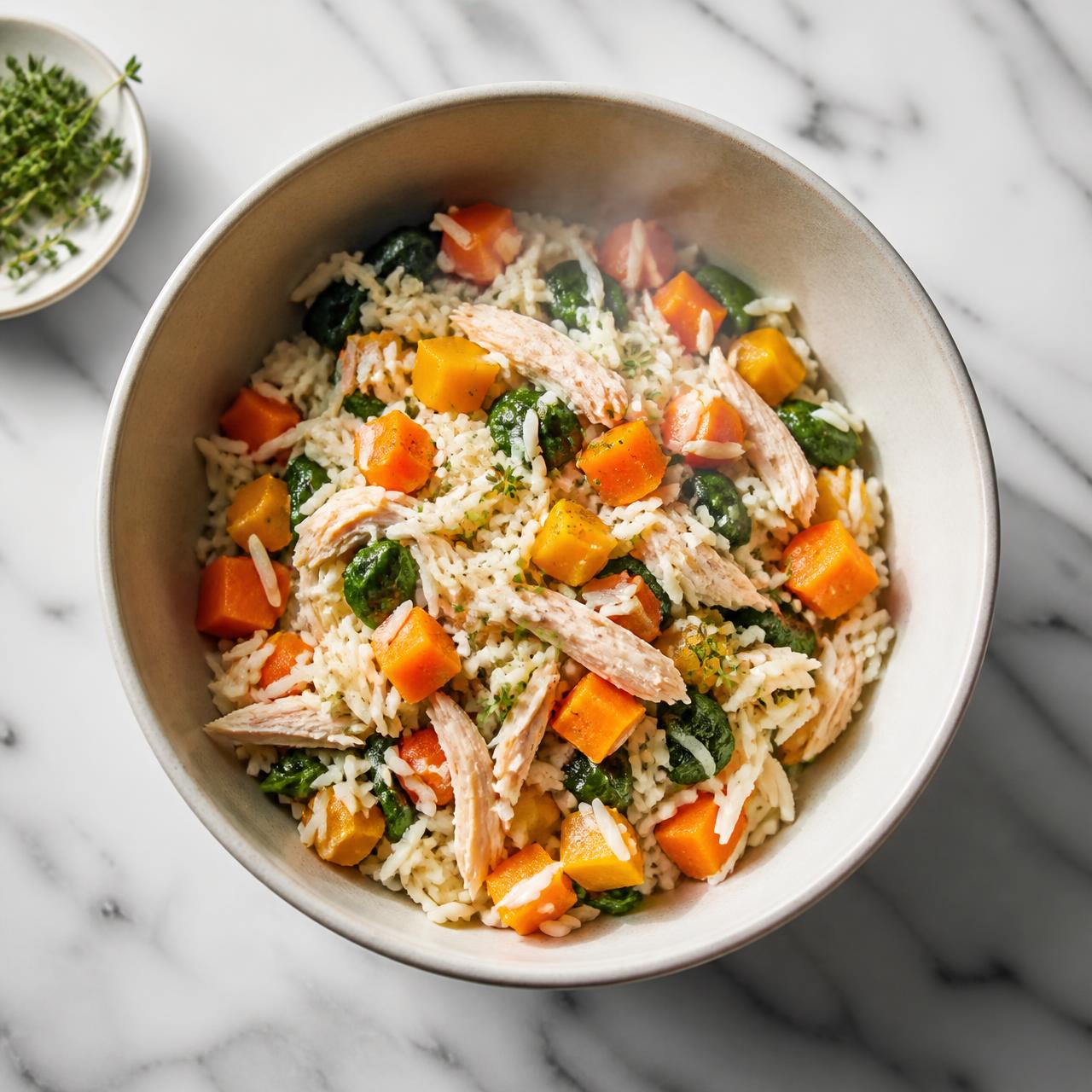 A freshly cooked dog meal of chicken, carrot, pumpkin, spinach and rice on marble